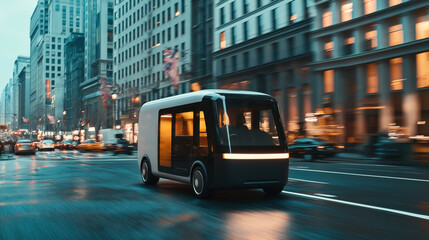 Fototapeta premium A modern, autonomous electric vehicle driving through a busy urban street at dusk, surrounded by tall buildings with illuminated windows and blurred motion of other cars.