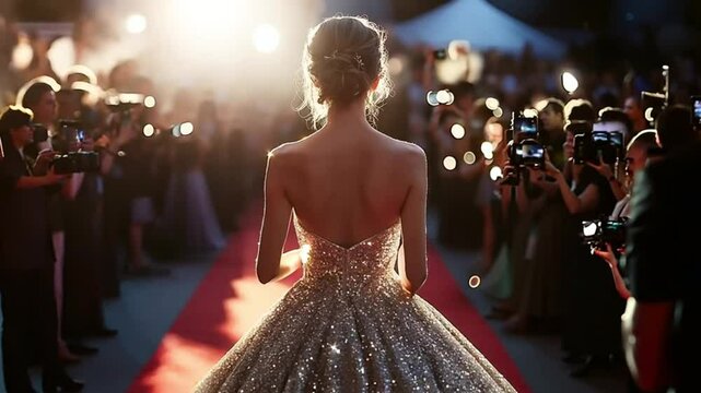 Celebrity on red carpet with paparazzi flashing with camera. Woman with paparazzi. Action. Beautiful woman at fashionable event with paparazzi. Rear view of famous gorgeous woman at event 4k video