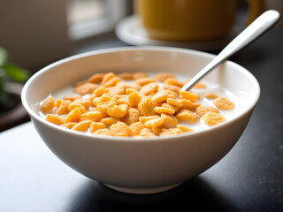 Close-Up Image of White Bowl Filled with Crunchy Bright Orange Cornflakes Generously Topped on Creamy Milk, Featuring Stainless Steel Spoon for Fresh and Inviting Breakfast Cereal Experience