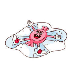 Groovy candy cartoon character making snow angel wings. Funny retro happy candy in pink wrapper playing. Winter activity mascot, cartoon sweets fun game sticker of 70s 80s style vector illustration
