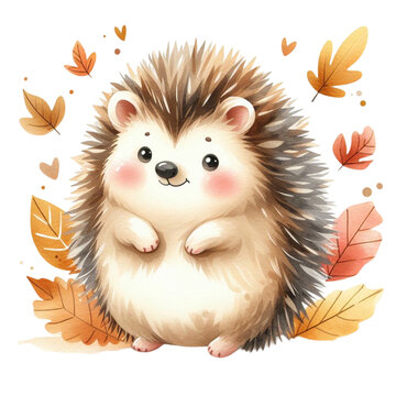 A cute, smiling hedgehog is surrounded by colorful autumn leaves and flowers