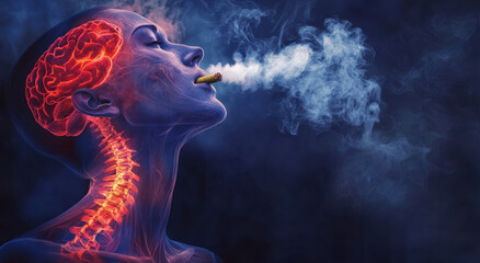 An illustration of the human neck and head with smoke coming out, highlighting", show close-up side profile view on woman's face breathing in cigarette fumes 