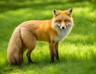 Fototapeta premium Curious Red Fox in Lush Green Lawn: Striking Orange-Brown Fur and Bushy Tail Highlighted by Sunlight Filtering Through Trees, Capturing the Beauty and Intelligence of this Majestic Wild Animal
