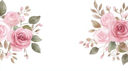 Watercolor Pink Roses Border Frame with Leaves and Buds