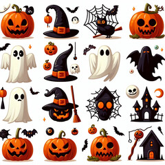 Fototapeta premium set of cliparts on the theme of halloween. cute 3d plasticine sculptures. funny characters ghost, pumpkin, skull. for kids