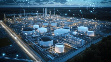 An energy logistics center managing gas storage and transport, with digital tools tracking the movement of natural gas from storage tanks to pipelines