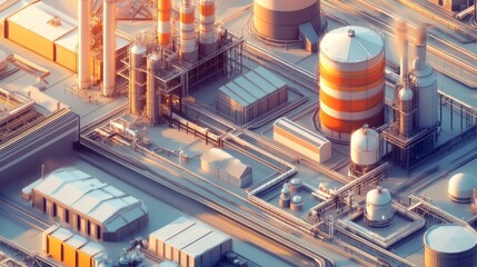 Fototapeta premium An industrial scene showing a gas processing plant, pipelines, and storage facilities, representing the core infrastructure of the natural gas industry