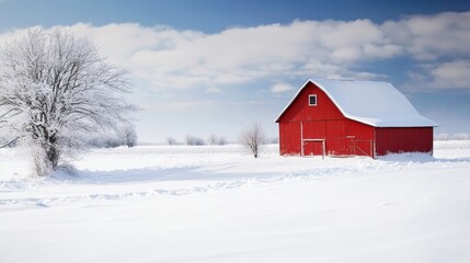 Charming Red Barn in a Serene Snow-Covered Farm Landscape