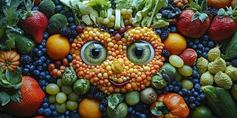 A city where vegetables and fruits are full of life with animated traits and expressive eyes