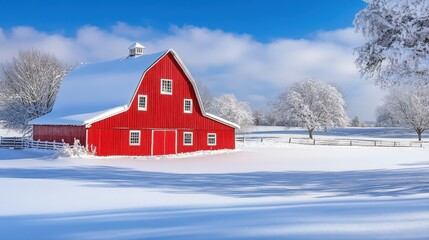 Charming Red Barn in a Serene Snow-Covered Farm Landscape