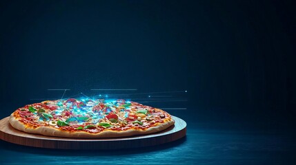 Customizable pizza with holographic toppings, AI culinary assistant, futuristic food concept