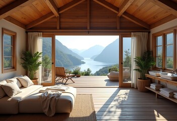 Escape to Nature: Creating a Peaceful Veranda, Living Room, and Bathroom with Mountain and Lake Views 