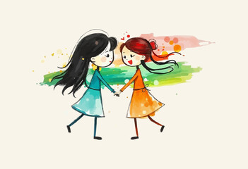 oil painting illustration for friendship day.
girls couple digital art vector illustration.