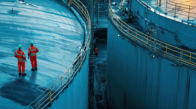 Engineers inspecting LNG storage tanks, ensuring the safe containment of liquefied natural gas for later transportation