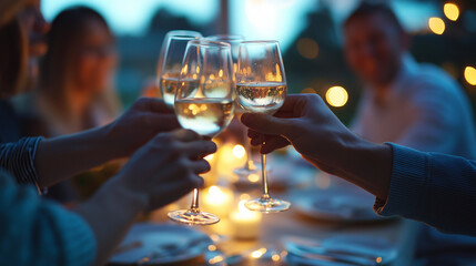 Friends toasting wine glasses, evening celebration outdoors