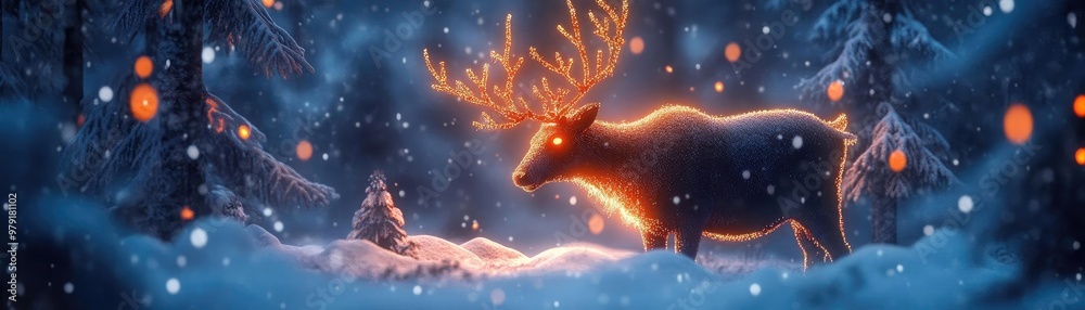 Poster a majestic deer stands in a snowy forest illuminated by glowing lights, creating a serene winter won