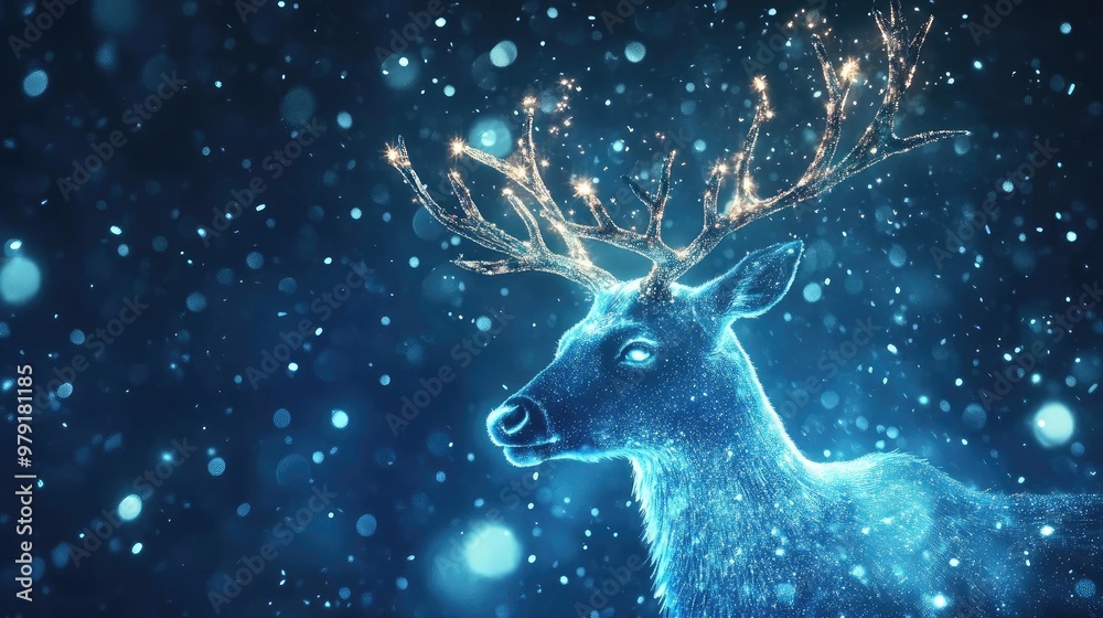 Poster a magical deer illuminated by soft blue lights, surrounded by gentle snowflakes, creating a serene w