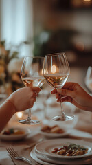 Obraz premium Elegant wine toast, romantic dinner setting