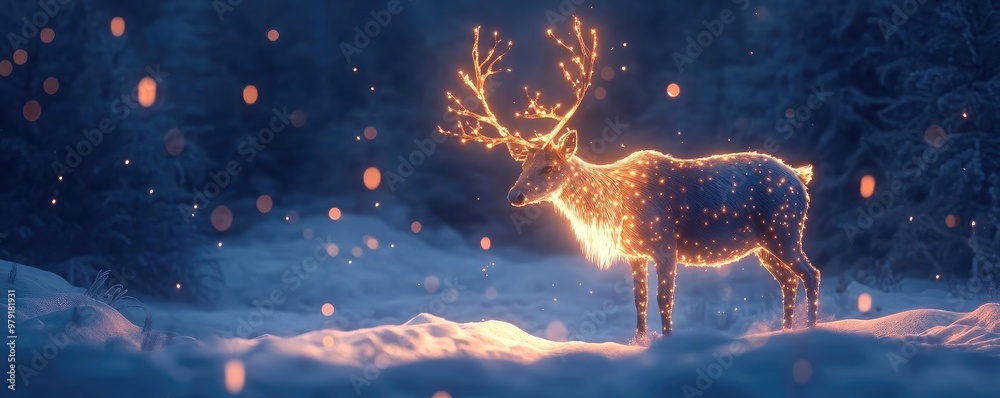 Poster a magical deer illuminated by shimmering lights in a serene snowy landscape, evoking a sense of wint