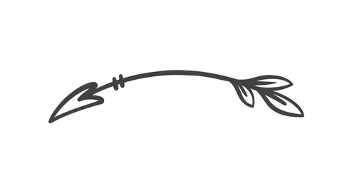 Boho cupids arrow with curve line icon. Outline retro arrow with romantic decorations of feather flying on bend. Old letter decor mascot, vintage separator element icon vector illustration