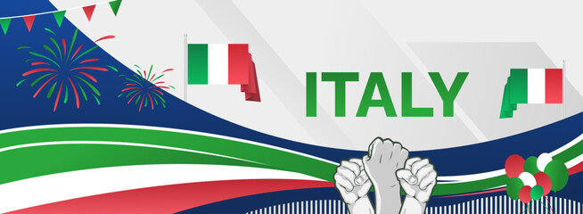 Italy National Day banner. Latest horizontal poster with Italian flag, raised fist and typography. Modern background for Republic day and Liberation day greeting cards, holidays, or sport events.