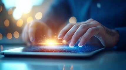 A person is typing on a tablet with a glowing sun in the background