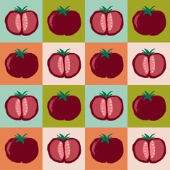 Hand drawn seamless pattern with tomatoes whole and cut in halves on checkered checks background in red blue green. Vegetables kitchen, farm harvest, vegan vegetarian print, ripe organic pop art