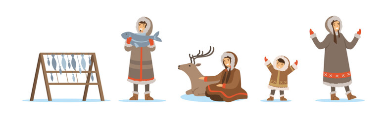 Eskimo Characters in Traditional Clothing as Life in the Far North Vector Set