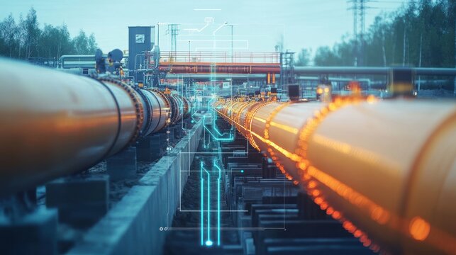 A smart pipeline construction site where advanced technology is being integrated into the pipeline system for enhanced monitoring and control