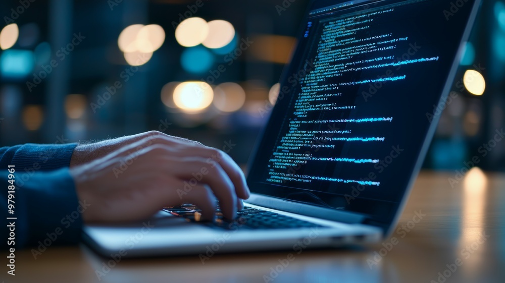 Canvas Prints A person is typing on a laptop with a blue screen