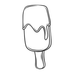 Ice cream bar icon, doodle chocolate popsicle. Funny retro sketch of kids dessert on stick, liquid choco topping drips. Summer cold milk food mascot, hand drawn ice cream icon vector illustration