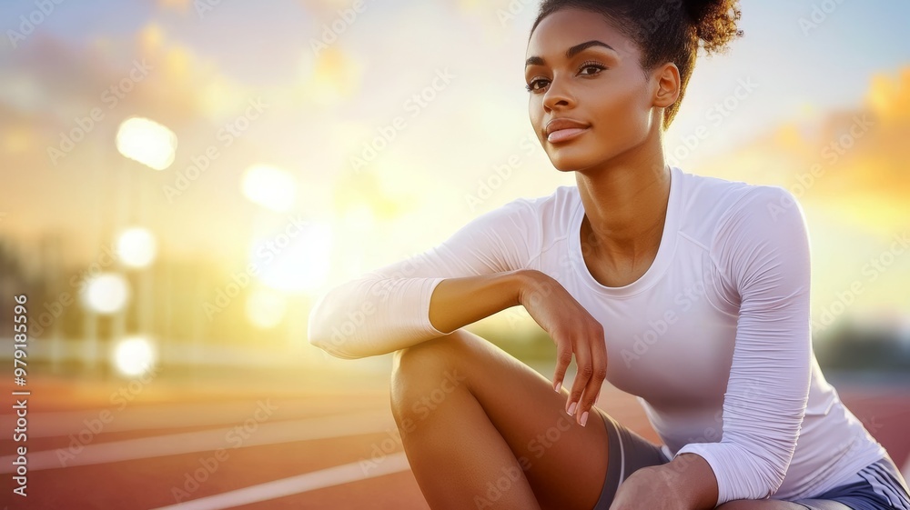 Poster A woman is sitting on a track with her hands on her knees