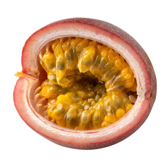 Red passion fruit with yellow pulp isolated on white background.