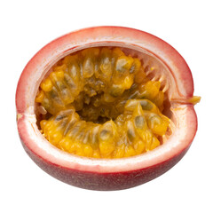 Red passion fruit with yellow pulp isolated on white background.