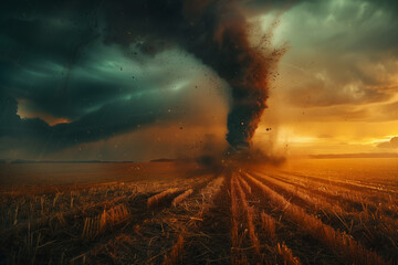 Fototapeta premium Tornado ripping through a farm field showcasing the destructive power of nature and highlighting climate change dangers