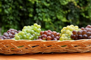 Frische Weintrauben in einem Körbchen im Wein Lokal, Gastronomie und Weinproduktion in der Erntesaison