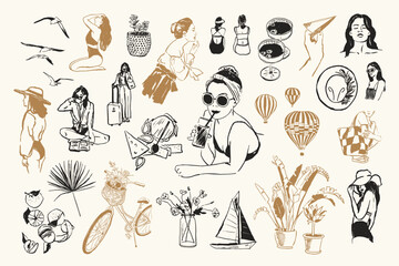 Minimalist hand drawn travel and vacation vector illustration collection. Art for postcards, branding, logo design, background.	