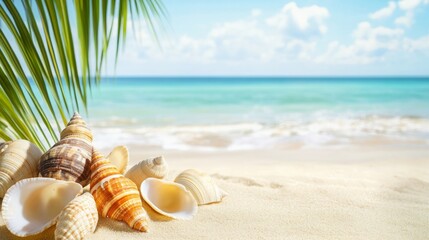Tropical Beach Scene with Seashells and Palm Leaves, Capturing the Essence of a Serene Coastal Paradise