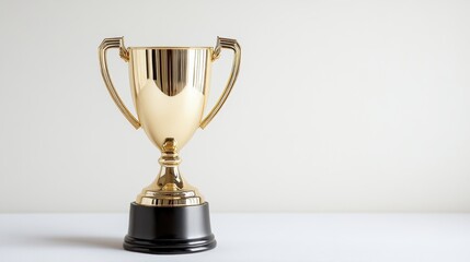 A shiny gold trophy cup with a reflective surface, displayed against a clean white backdrop with subtle lighting