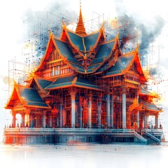 Obraz premium Vibrant retro-style Thailand temple with contrasting colors and minimal details, surrounded by modern technology elements. The blessing atmosphere blends with a futuristic vibe, isolated on a white