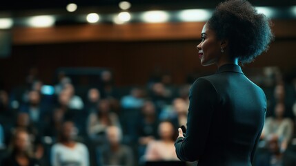 A business achievement award ceremony, with a female leader giving an acceptance speech, highlighting her dedication to success in front of a formal audience