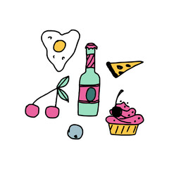 Colorful food: cherry, egg, pizza, cake and bottle. Childish naive doodle design style, vector art card