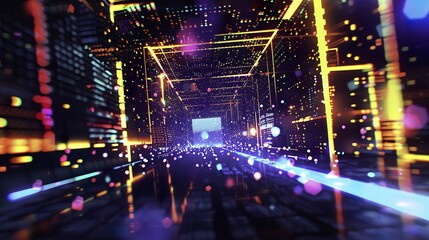 Naklejka premium Futuristic Abstract Digital Background with Glowing Lights and Illuminated Tunnel in Dark Blue. Cyberpunk Concept of Data Technology with Colorful Particles Creating a High-Resolution, Hyper-Detail Di