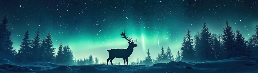 A serene silhouette of a deer against a stunning aurora borealis, surrounded by tranquil winter forest scenery.