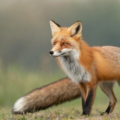 Fototapeta premium Isolated red fox with depth of field showcasing bushy tail and striking fur color