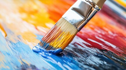 Fototapeta premium A close-up of a paintbrush being dipped into a tray filled with fresh paint, ready for use in a home renovation project