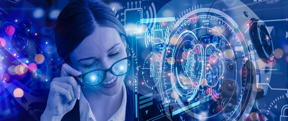 Double exposure of Businesswoman working with virtual screen HUD interface and connected to the Internet network technology.