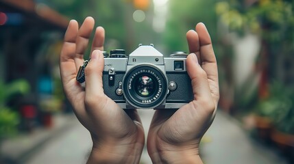 Retro camera rests in open hands on a blurred background