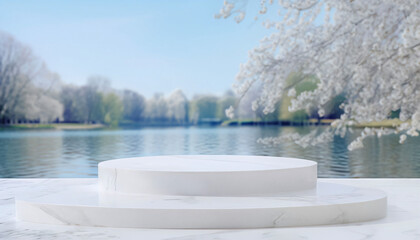 Fototapeta premium White marble podium with water background in spring