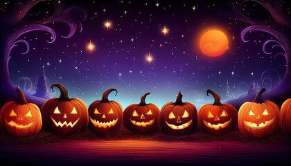 Spooky Pumpkin Faces Under a Starry Night Sky. A Row of Jack O Lantern Silhouettes Along the Bottom Creates a Creepy Halloween Scene. Graphic art illustration
